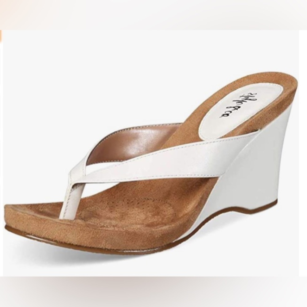 Style & Co. White Leather Wedge Thong Sandals